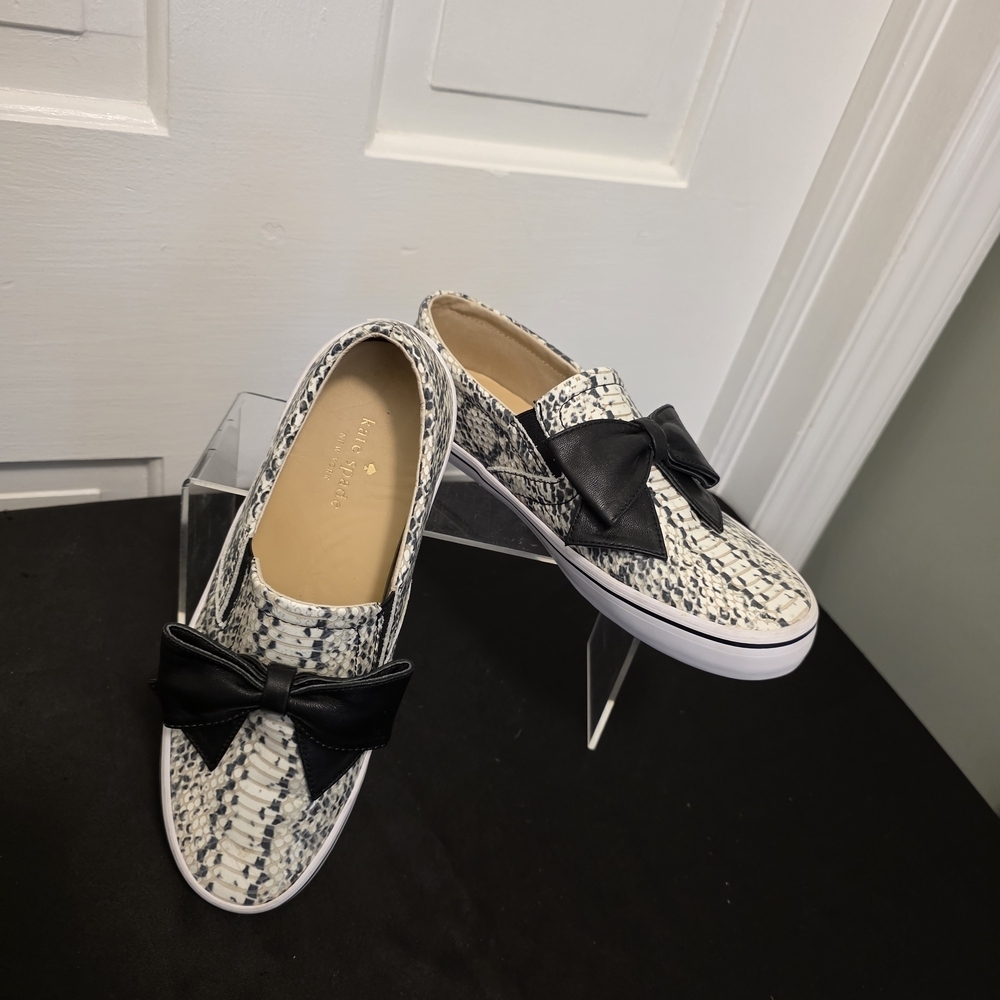 Kate Spade Black & White Snakeskin Print Bow Sneaker Loafer Shoes Size 8M